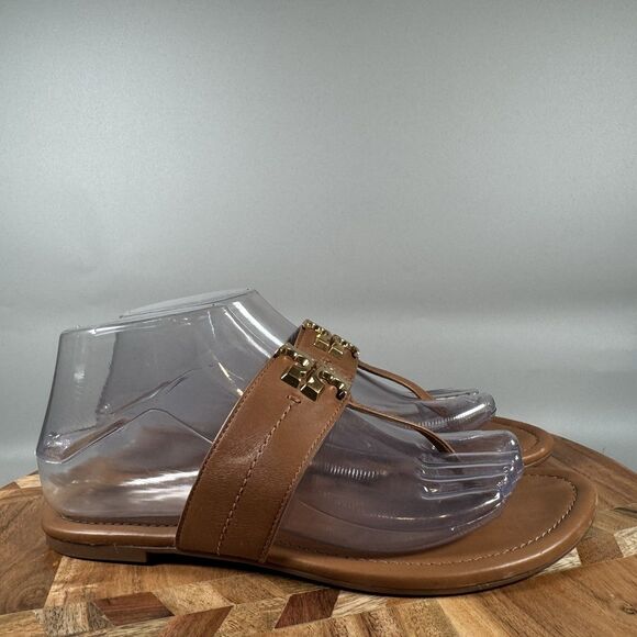 Tory Burch Everly Flat Thong Brown Leather Sandal Sz 7.5 - Picture 1 of 6